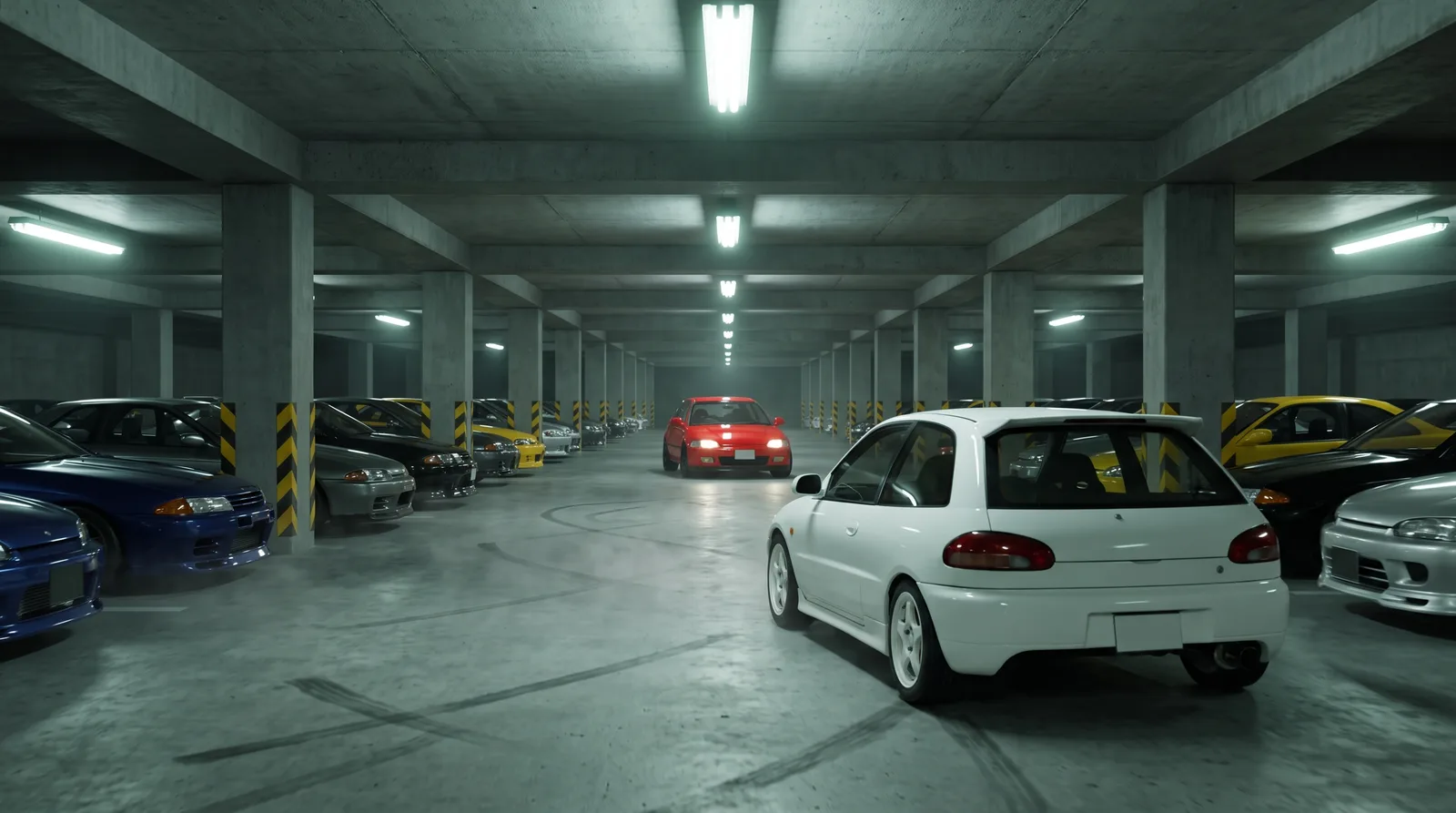 โคลท์ขาวคลานเข้าไปหา EG6 ที่รออยู่ปลายเลน ท่ามกลางรถซิ่งที่จอดเต็มชั้น