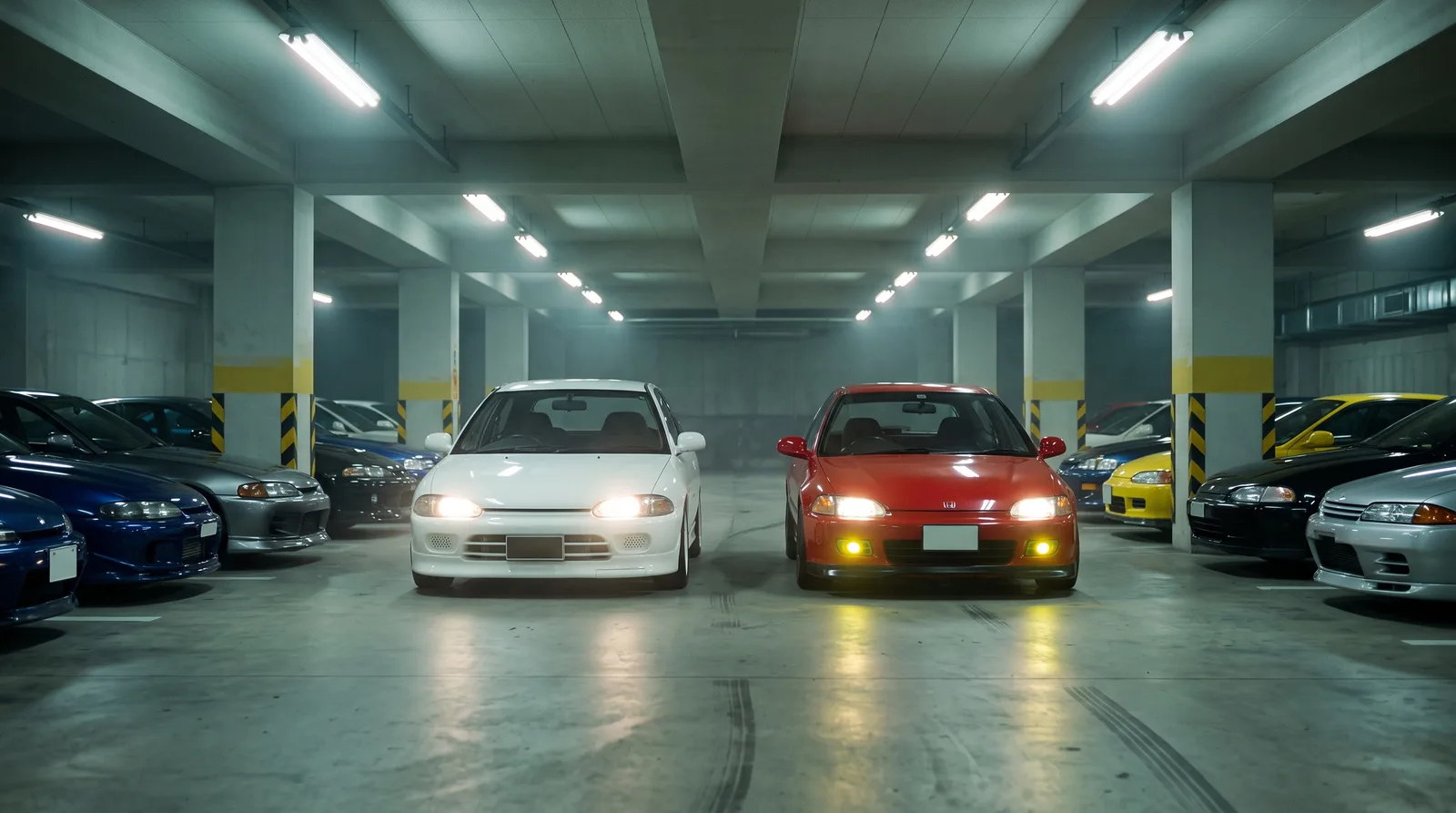 จอดเทียบกันที่เส้นเริ่ม โคลท์ซ้าย EG6 ขวา ไฟหน้าจ้าทะลุหมอกจาง