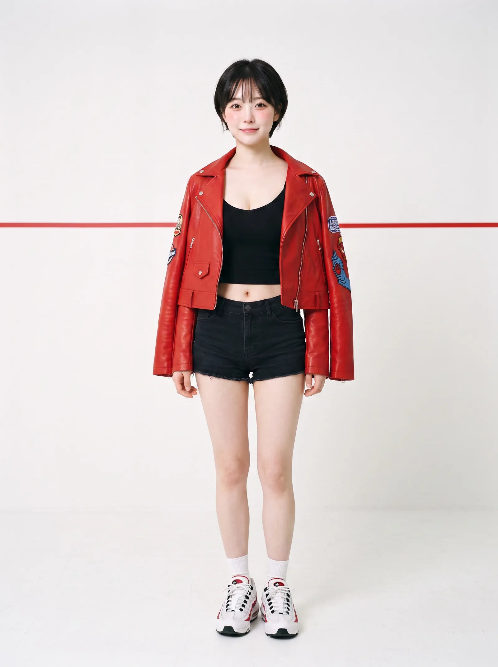 ชุดประจำตัว: แจ็คเก็ตหนังแดง เสื้อกล้ามดำ ยีนส์ดำ และ Air Max 95