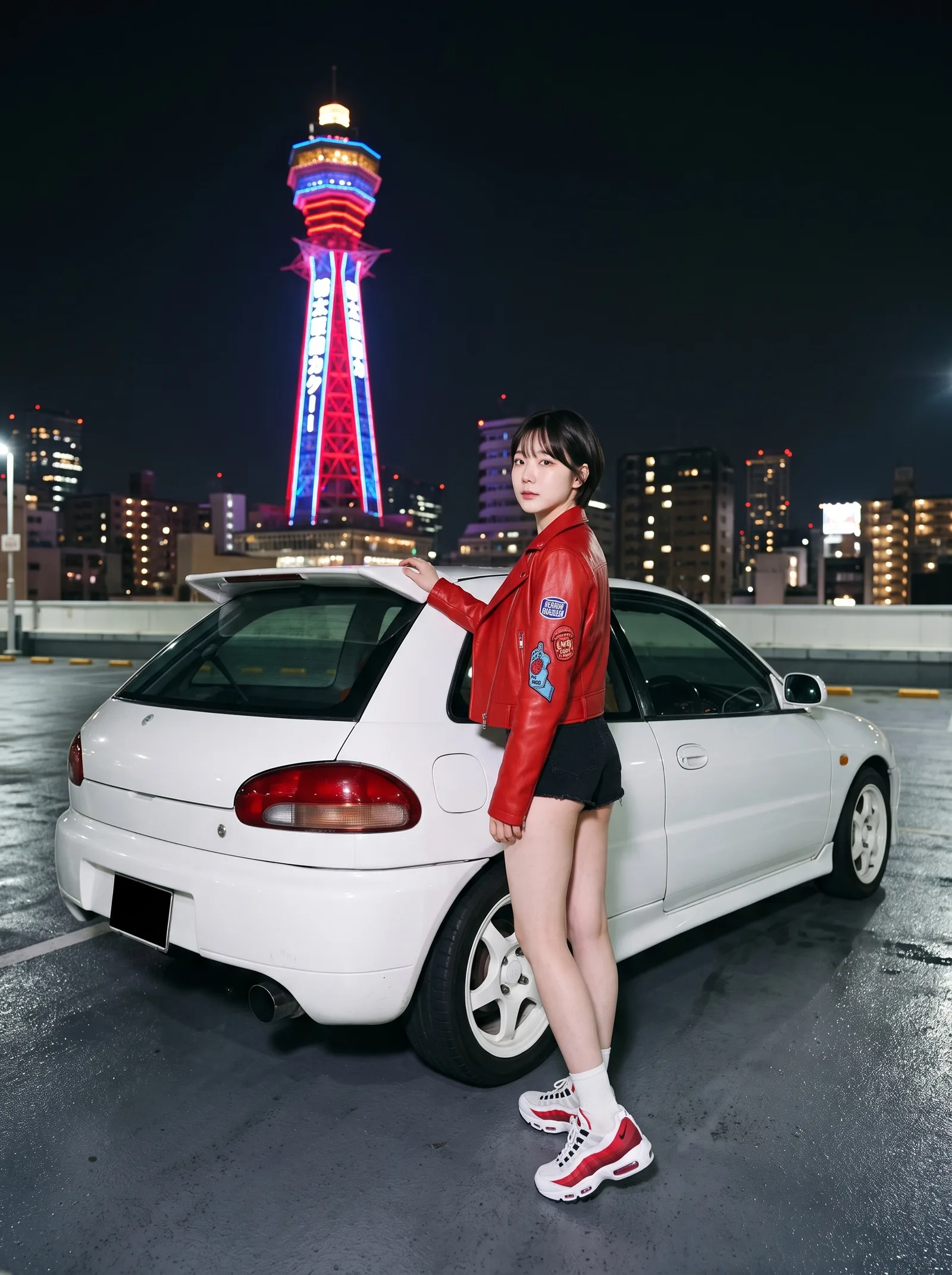 บนดาดฟ้าตึกจอดรถ ฉากของ EP.3 มีหอคอย Tsutenkaku อยู่ข้างหลัง