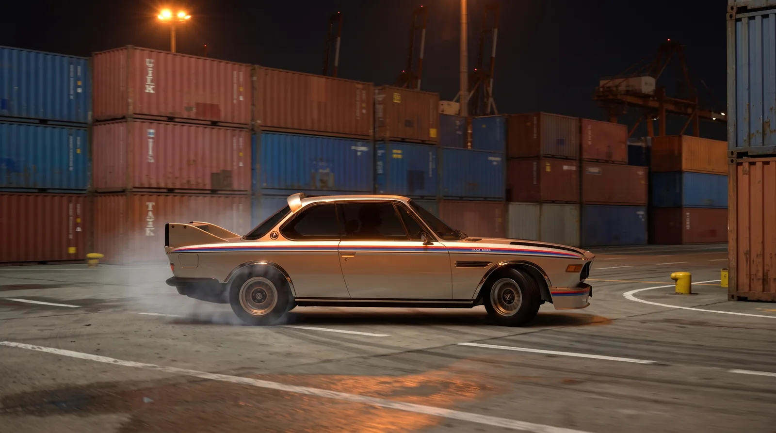 โปรไฟล์ข้างที่ทำให้ได้ฉายา Batmobile: ปีกหลังยักษ์ สปอยเลอร์บนหลังคา ครีบบังโคลน และแถบสามสีของ BMW Motorsport