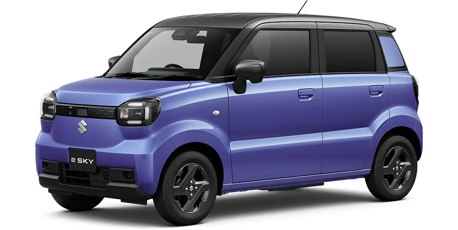 Suzuki e SKY รถเคอิไฟฟ้าสีน้ำเงินม่วงหลังคาดำ มุมหน้าสามส่วน ภาพทางการ