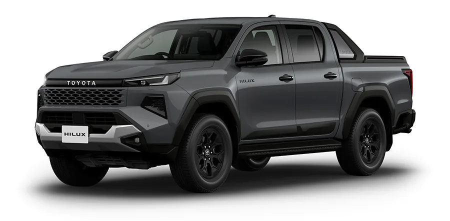 Hilux ใหม่ สีเทาเข้ม หน้าสามส่วน กระจังหน้าลายรังผึ้งและไฟหน้าทรงใหม่ ล้อดำ